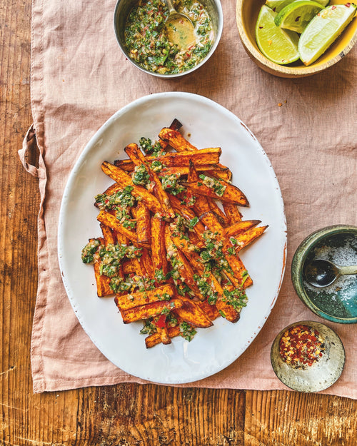 Chimichurri-loaded sweet potato fries | @rebelrecipes